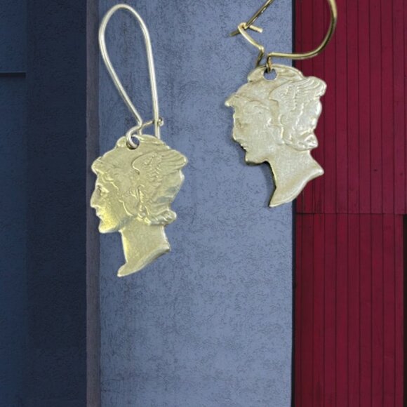 Vintage Mercury Dime Cut-out Lady Liberty Dangle Earrings .900 Silver (1916-1945 - Picture 4 of 10